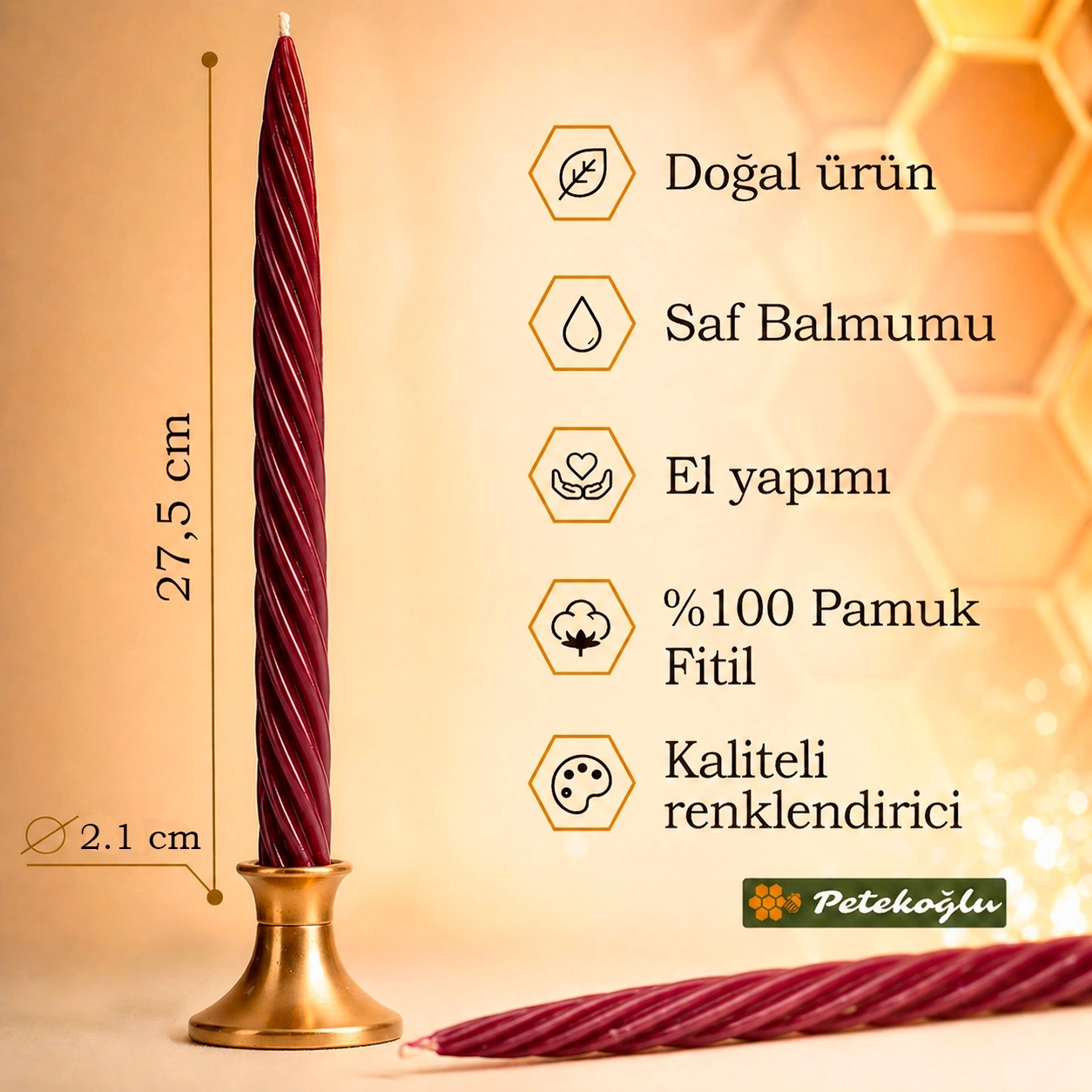 Balmumu Mum (2 Adet Bordo 27.5 Cm) Kalın Burgulu Şamdan Mumu Dekoratif ve Romantik Masa Dekorasyonu