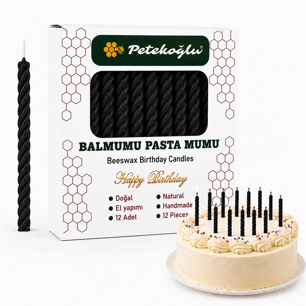 Siyah Balmumu Mum Küçük Boy Doğum Günü ve Pasta Mumu 12’li – 6,5 cm El Yapımı