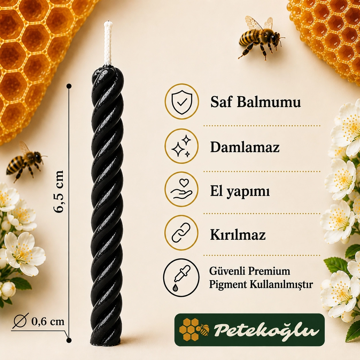 Siyah Balmumu Mum Küçük Boy Doğum Günü ve Pasta Mumu 12’li – 6,5 cm El Yapımı
