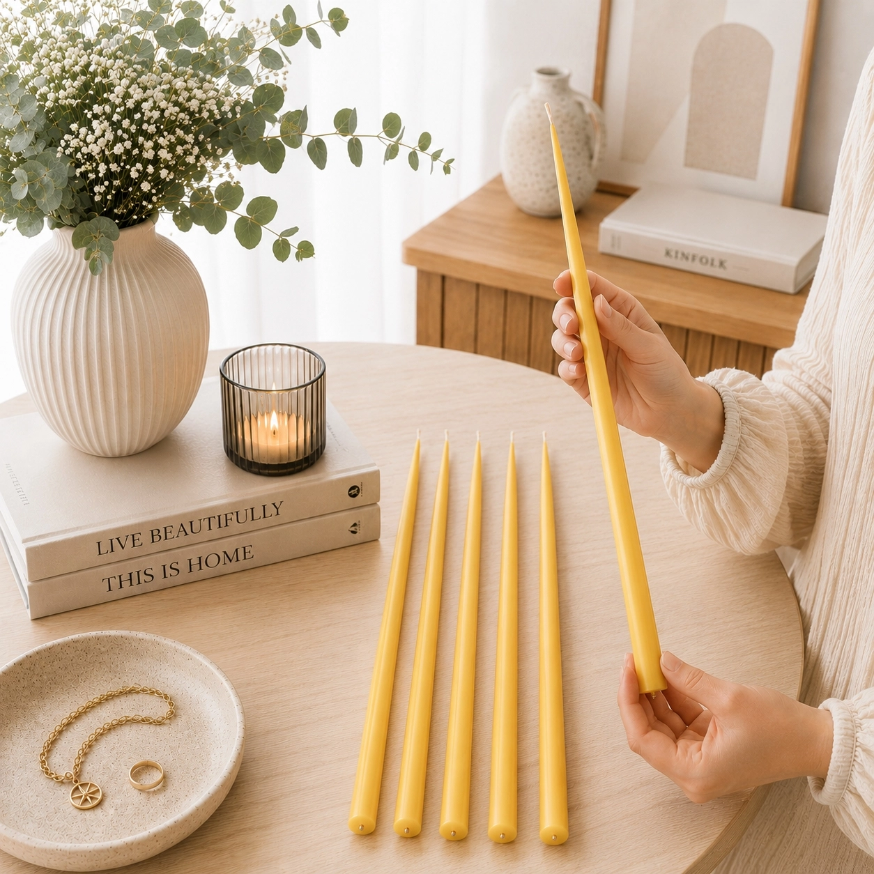 (6 Adet X 35Cm) Sarı Konik Balmumu Mum Şamdan Mumu Doğal Petek Bal Mumu Mum Dekoratif Beeswax Candle