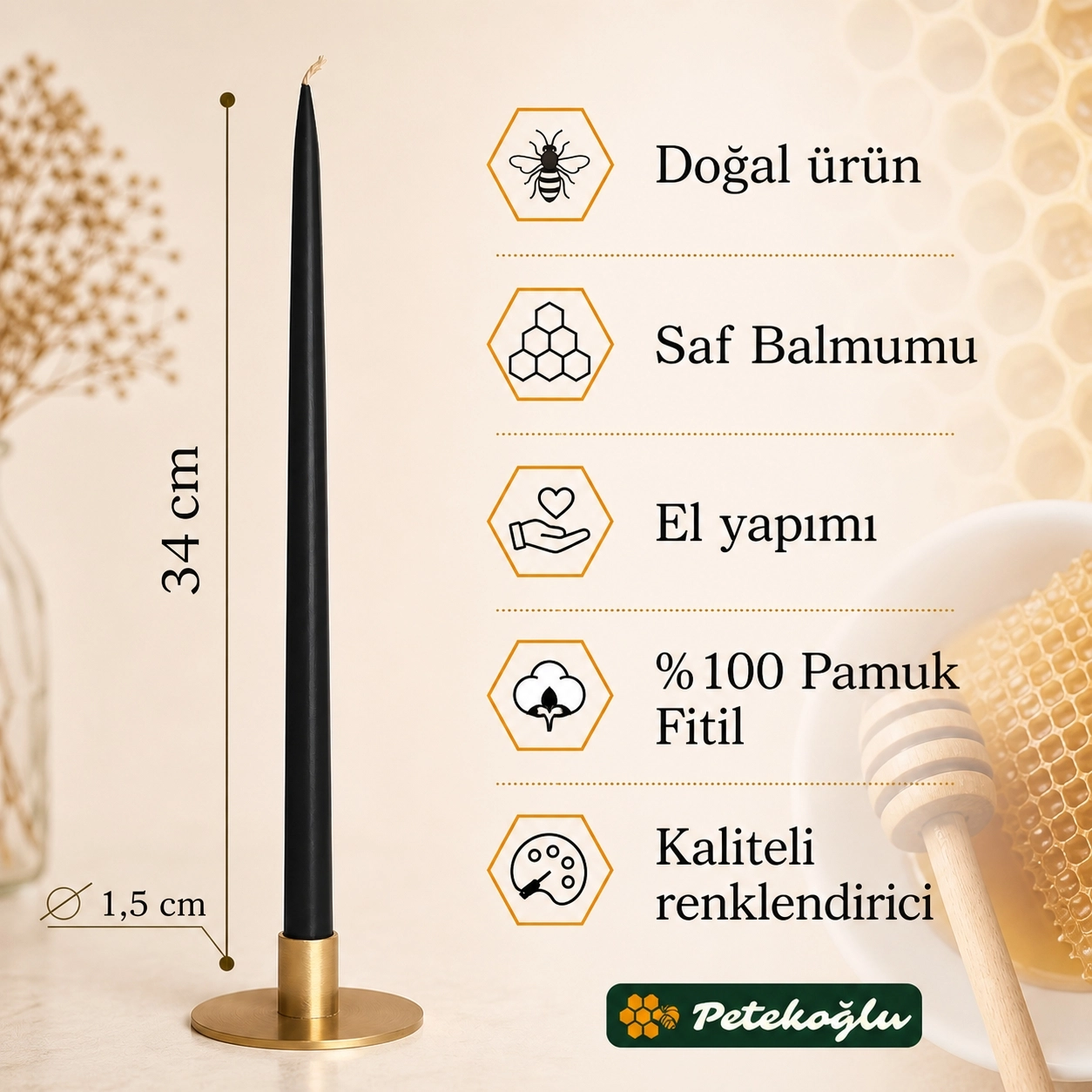 (6 Adet X 34Cm) Konik Balmumu Şamdan Mumu siyah Doğal Petek Balmumu Mum Dekoratif Beeswax Candle