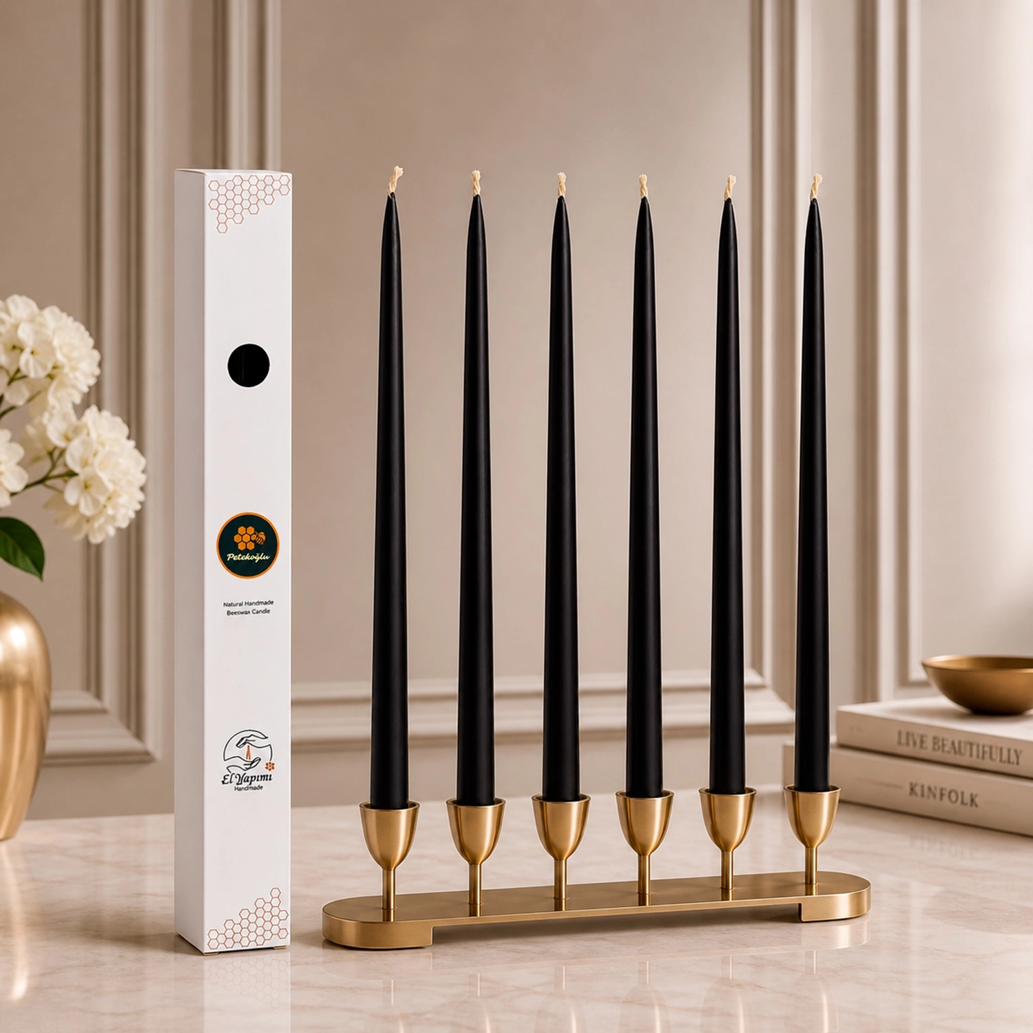 (6 Adet X 34Cm) Konik Balmumu Şamdan Mumu siyah Doğal Petek Balmumu Mum Dekoratif Beeswax Candle