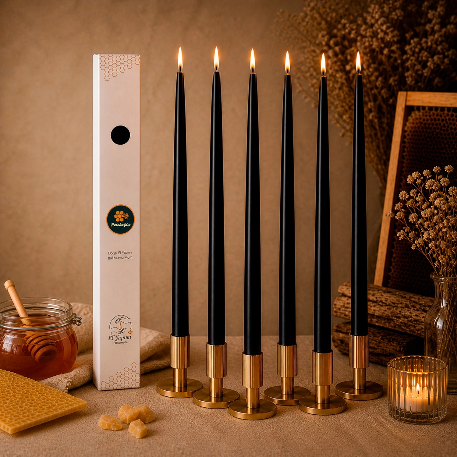 (6 Adet X 34Cm) Konik Balmumu Şamdan Mumu siyah Doğal Petek Balmumu Mum Dekoratif Beeswax Candle