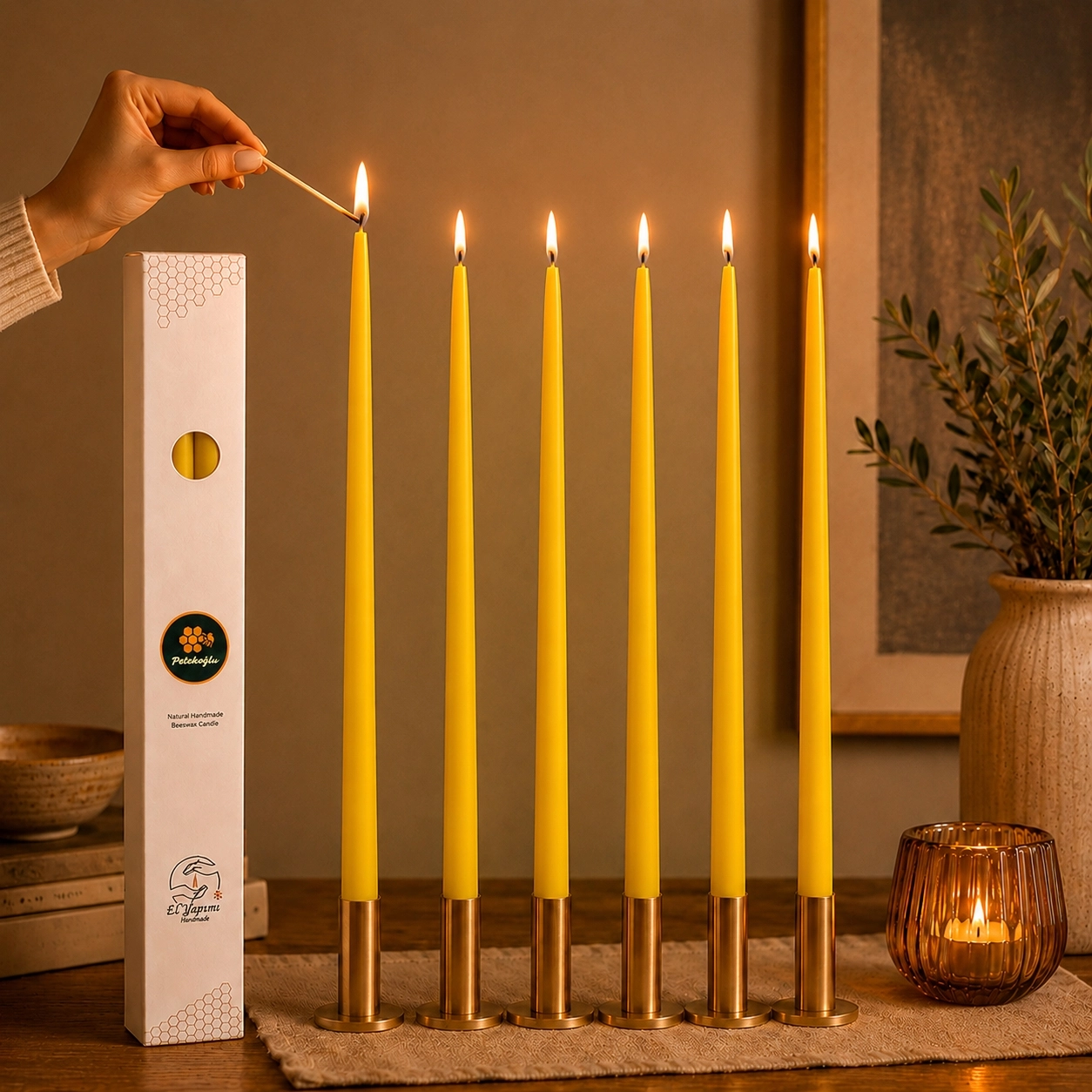 (6 Adet X 35Cm) Sarı Konik Balmumu Mum Şamdan Mumu Doğal Petek Bal Mumu Mum Dekoratif Beeswax Candle