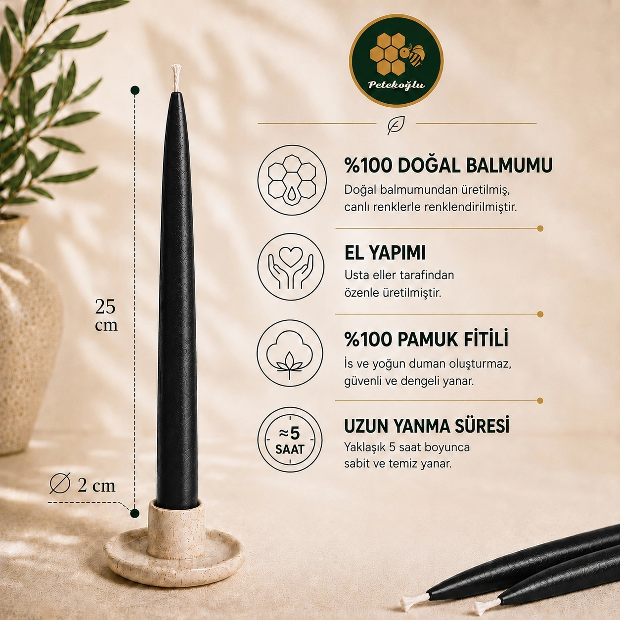 Siyah Balmumu Mum – Standart Konik Şamdan Mumu 4 Adet 25 cm Damlamayan İs Yapmayan Yılbaşı Taper Mum