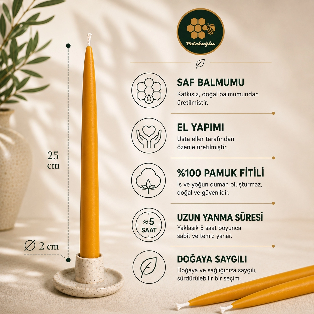 Doğal Sarı Balmumu Mum – Standart Şamdan Mumu 4 Adet 25 cm Damlamayan İs Yapmayan Taper Mum
