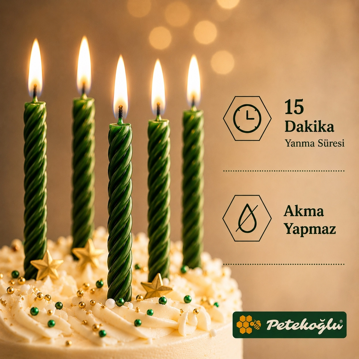 (12 Adet Yeşil) Balmumu Mum Küçük Boy Doğum Günü ve Pasta Mumu El Yapımı 6,5 cm Beeswax Candle