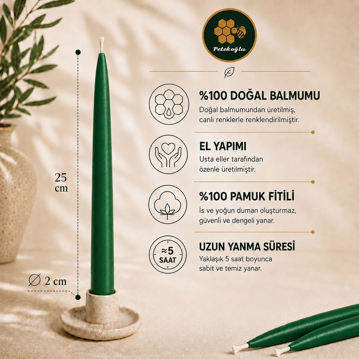 Yeşil Balmumu Mum – Yılbaşı Konik Şamdan Mumu 4 Adet 25 cm Damlamayan İs Yapmayan Taper Mum