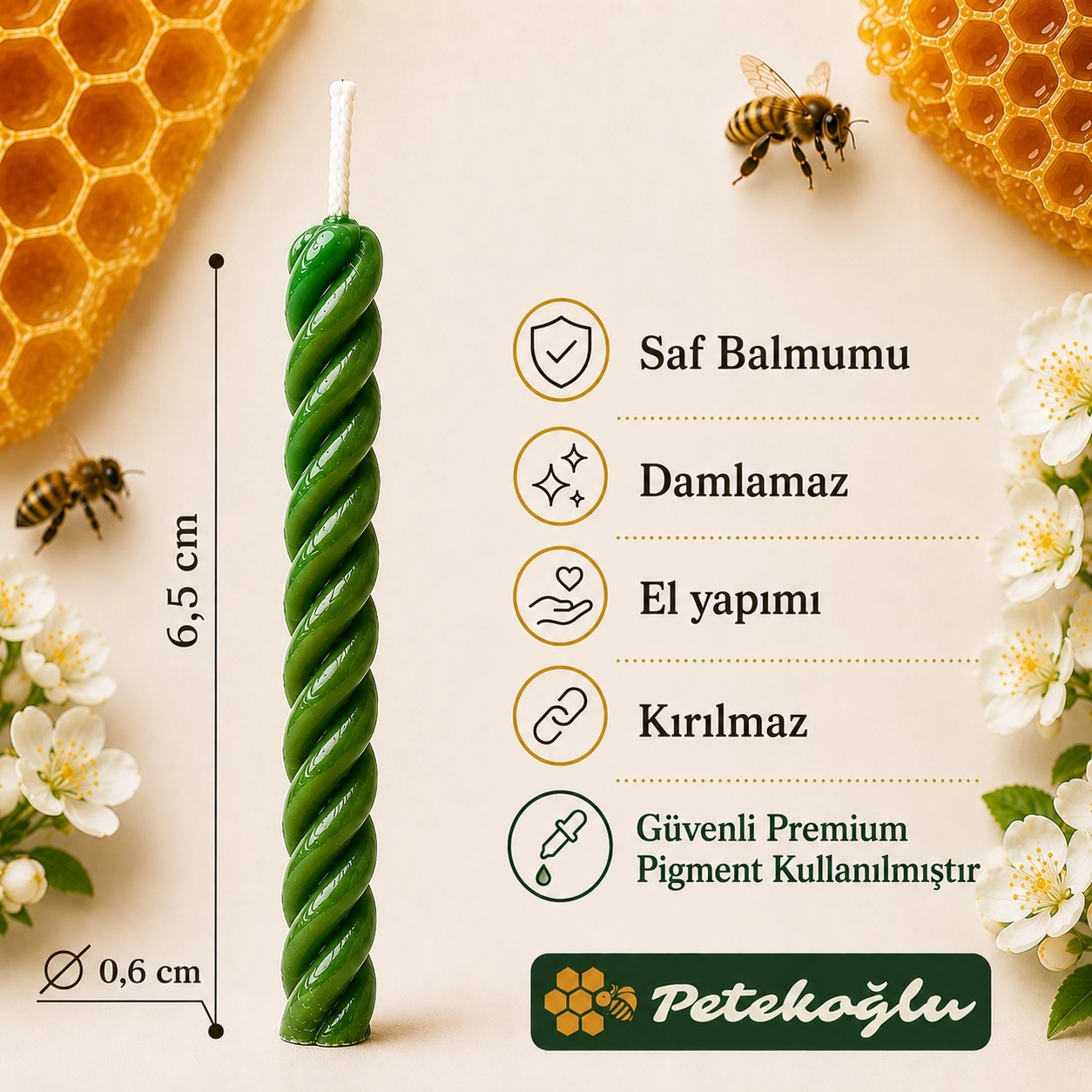 (12 Adet Yeşil) Balmumu Mum Küçük Boy Doğum Günü ve Pasta Mumu El Yapımı 6,5 cm Beeswax Candle