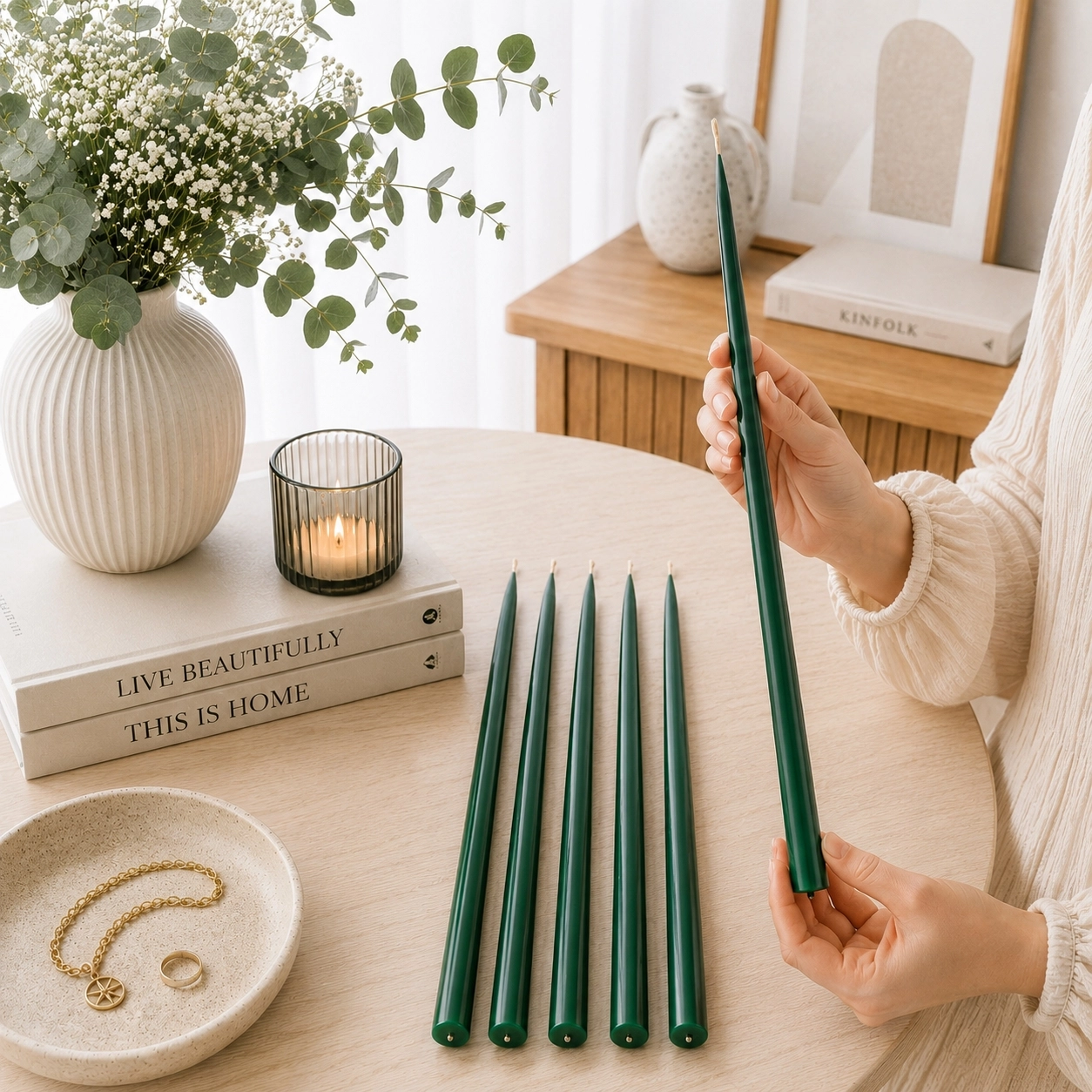 (6 Adet X 34Cm) Konik Balmumu Şamdan Mumu Yeşil Doğal Petek Balmumu Mum Dekoratif Beeswax Candle