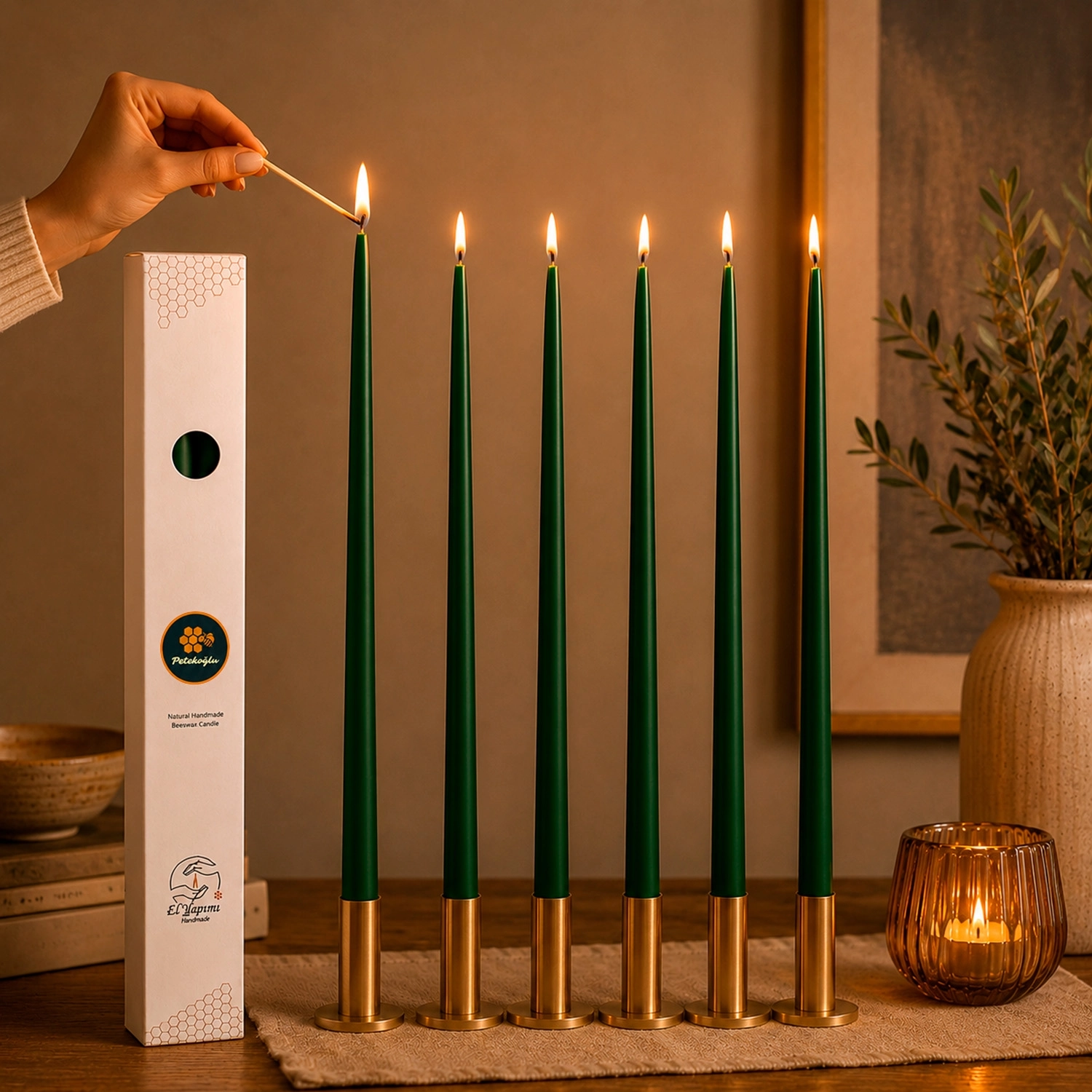 (6 Adet X 34Cm) Konik Balmumu Şamdan Mumu Yeşil Doğal Petek Balmumu Mum Dekoratif Beeswax Candle