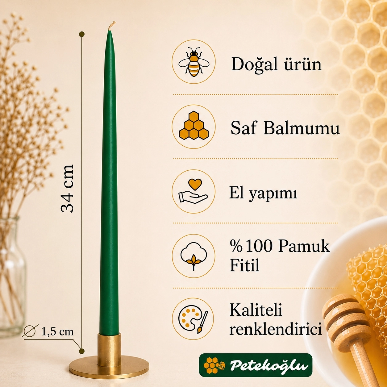 (6 Adet X 34Cm) Konik Balmumu Şamdan Mumu Yeşil Doğal Petek Balmumu Mum Dekoratif Beeswax Candle