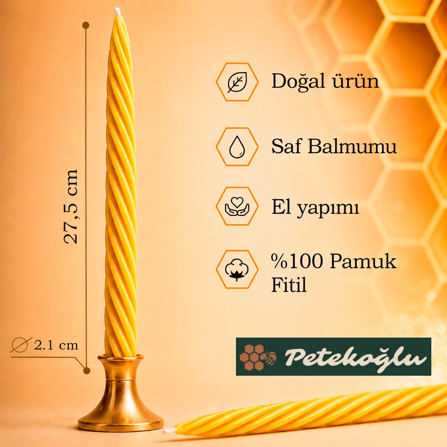 Petekoğlu Balmumu Mum (Beeswax Candle) 2 Adet Doğal Sarı Kalın Burgulu Şamdan Mumu 27.5 cm Dekoratif Mum