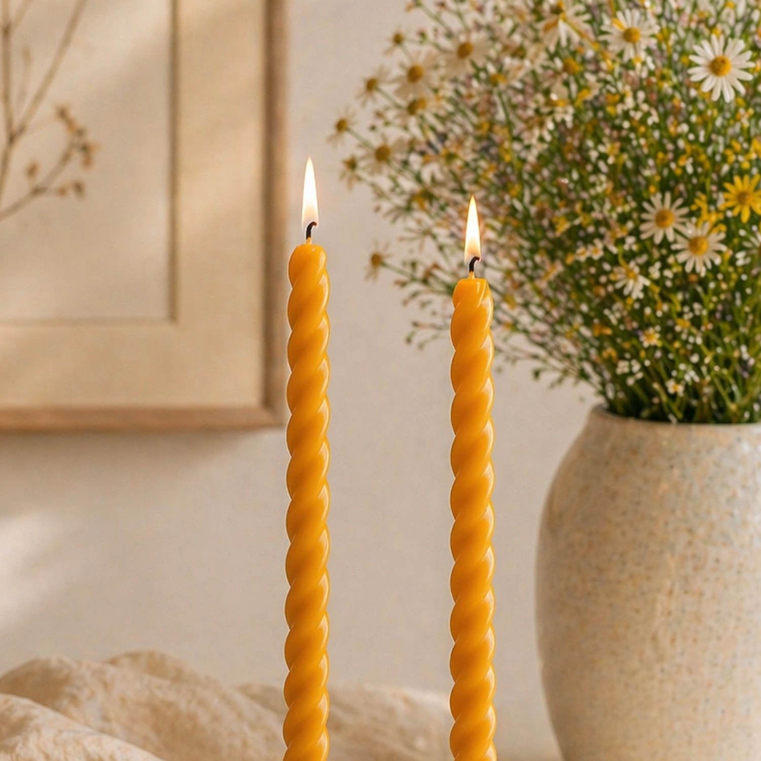 (2 Adet 27.5Cm) Konik Burgulu Balmumu Şamdan Mumu Doğal Petek Balmumu Mum Dekoratif Beeswax Candle