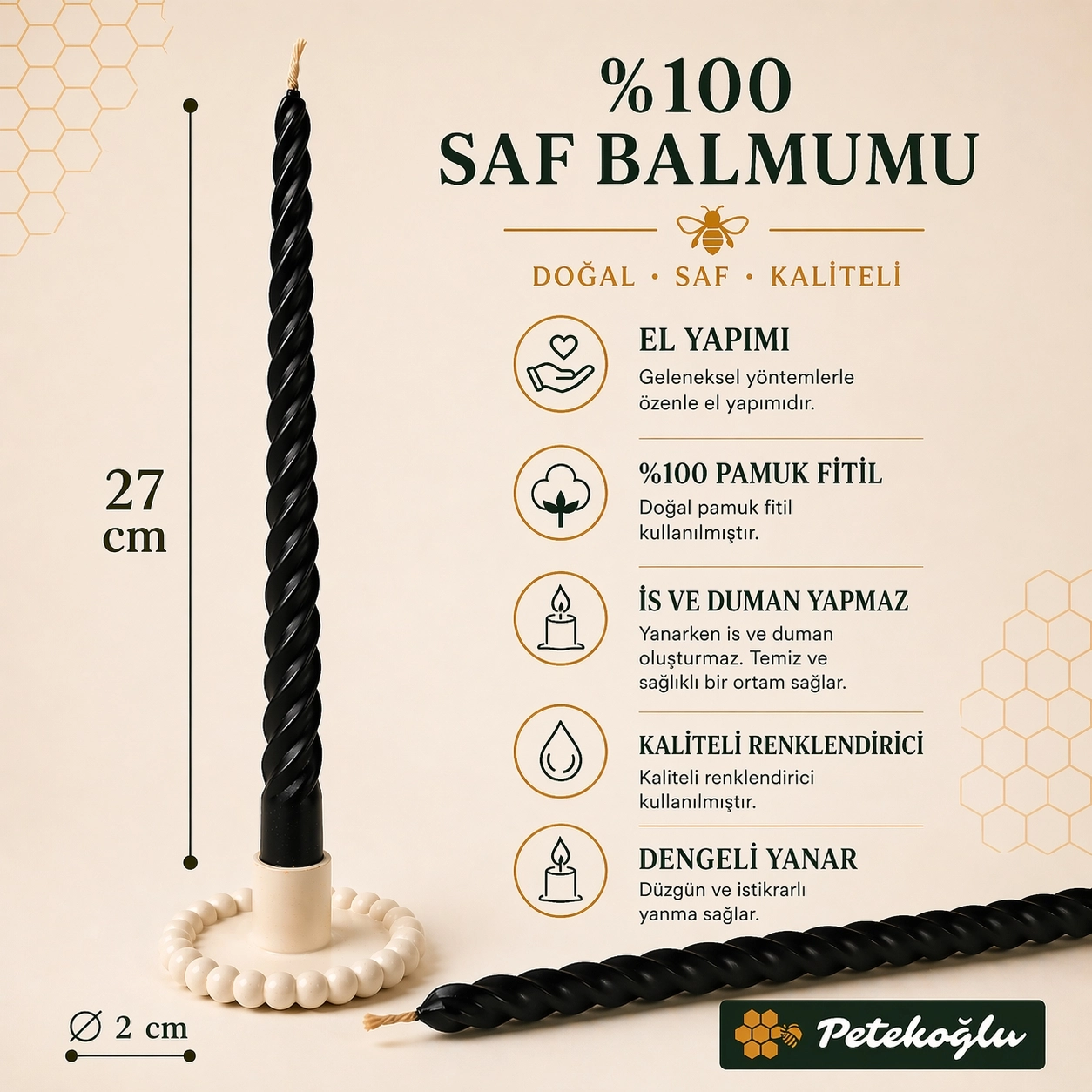 (2 Adet Siyah 27.5Cm) Konik Burgulu Balmumu Şamdan Mumu Doğal Petek Balmumu Mum Dekoratif Beeswax