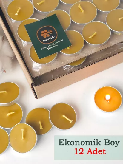 12’li Doğal Balmumu Tealight Mum – %100 Arı Balmumu, El Yapımı, 3.5 cm Çap, Dumansız ve Bal Kokulu Ekonomik Mum Seti | Petekoğlu