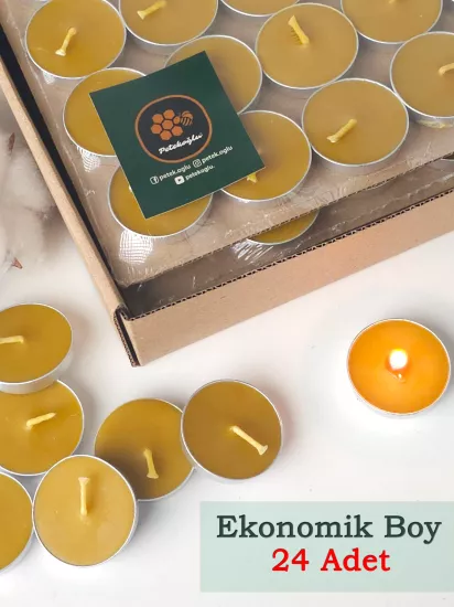 24’lü Ekonomik Balmumu Tealight Mum – 3.5 cm – %100 Doğal Arı Balmumu, El Yapımı, Yaklaşık 2 Saat Yanış | Petekoğlu