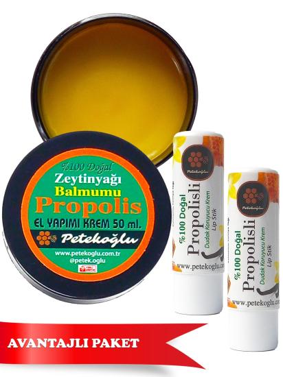 El Yapımı Propolis Balmumu Zeytinyağı Krem (50ml) Ve (2 Adet) Propolisli Ballı Dudak kremi (8mlX2)