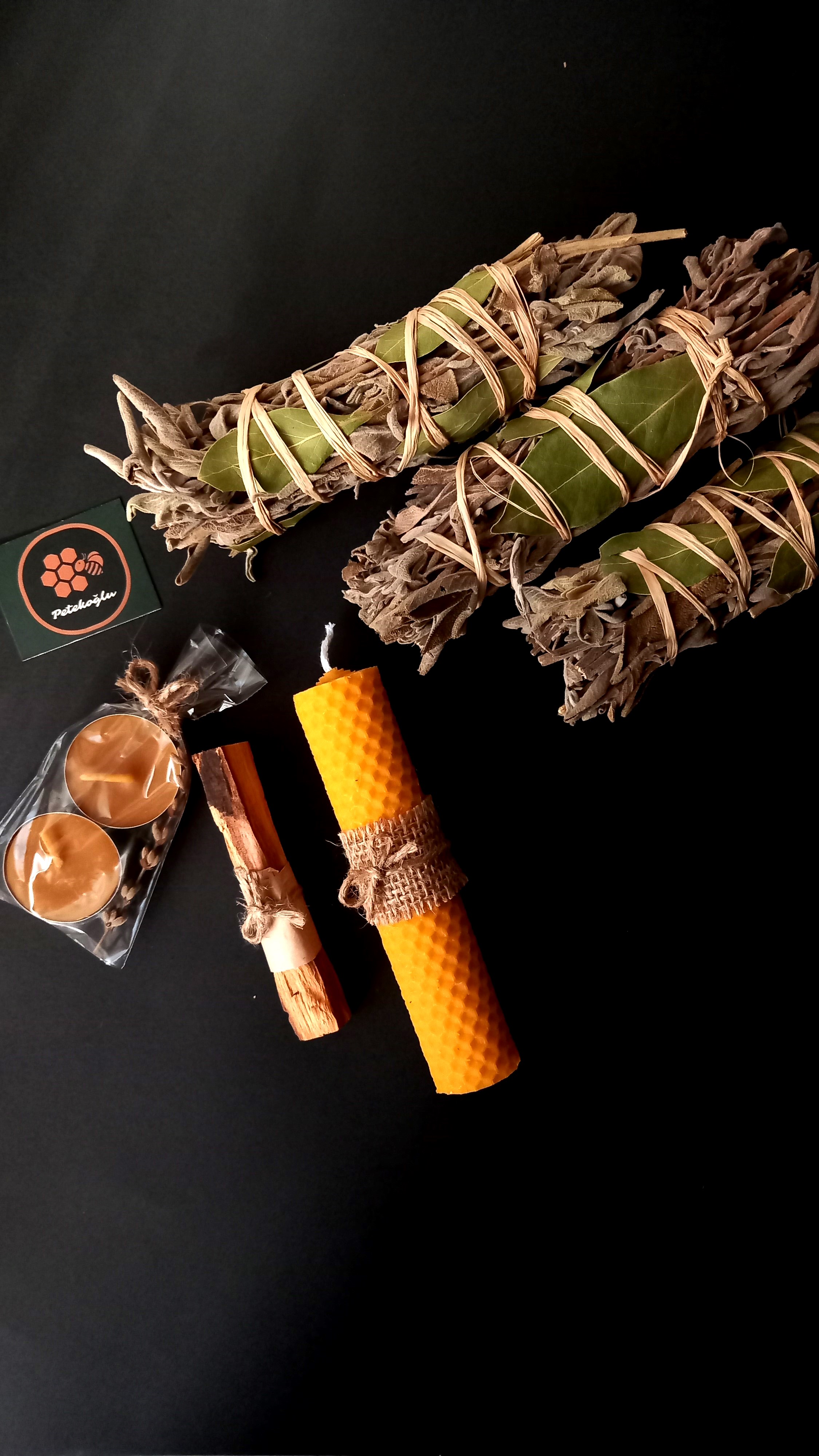 Balmumu Mum Ada Çayı Defne Tütsü Sertifikalı Palo Santo Doğal Petek Bal Mumu Mum  Hediyelik Set