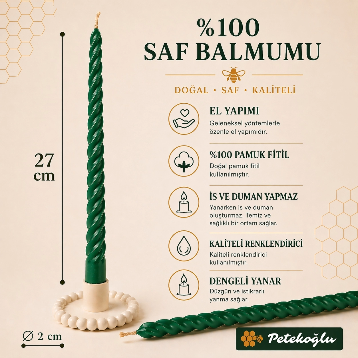 Yeşil Balmumu Mum 2 Adet 27.5 cm – Konik Burgulu Şamdan Mumu Doğal Petek