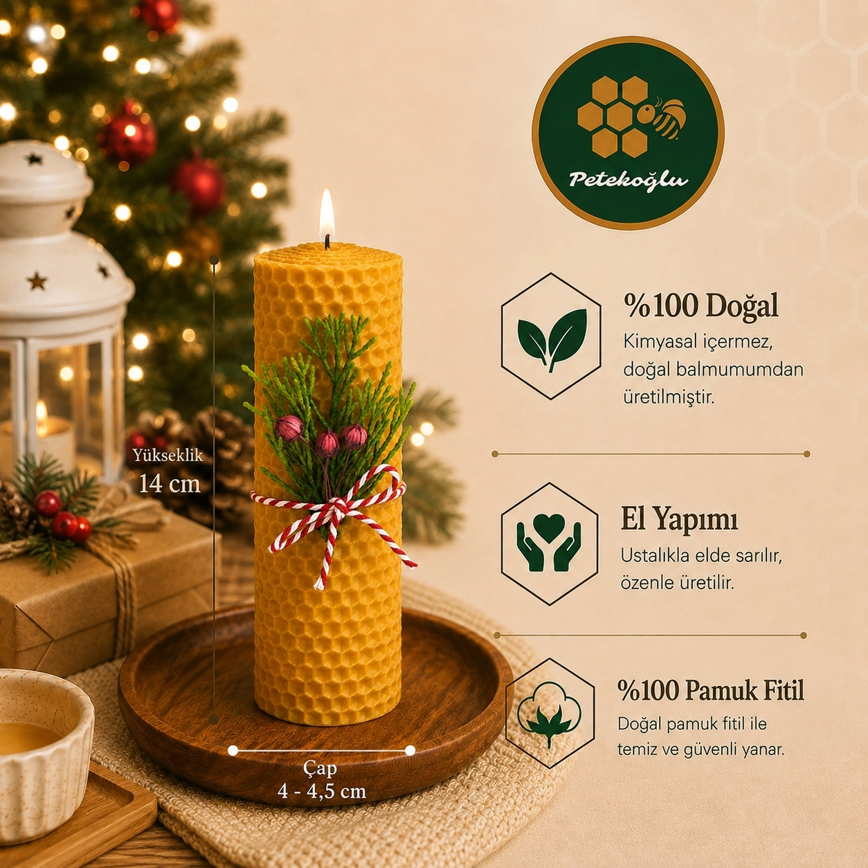 Tekli Hediyelik Balmumu Mum Yeni Yıl ve Kış Temalı El Sarımı 14 cm Beyaz Şık Kutusunda
